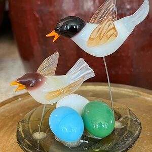 Handblown Art Sculpture Glass Bird Figurine with Eggs 3”